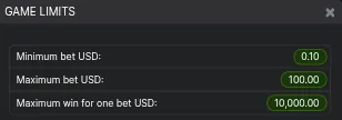 Aviator's Game Limits panel stating a minimum bet of 0.10, a maximum bet of 100.00 and a maximum win for one bet of 10,000.00 in US dollars