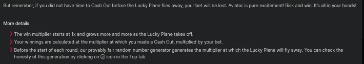 Aviator Game Rules text reading Risk and win, it's all in your hands, above a bullet stating that the random number generator generates the multiplier before the start of each round