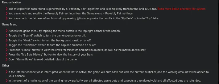Aviator Game Rules sections on Randomisation, Game Menu and Other, including the claim that each round is 100% fair and the rule for an interrupted connection