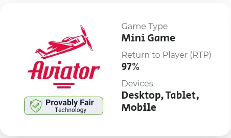 Spribe's product page for Aviator stating a Return to Player of 97 percent and Provably Fair technology