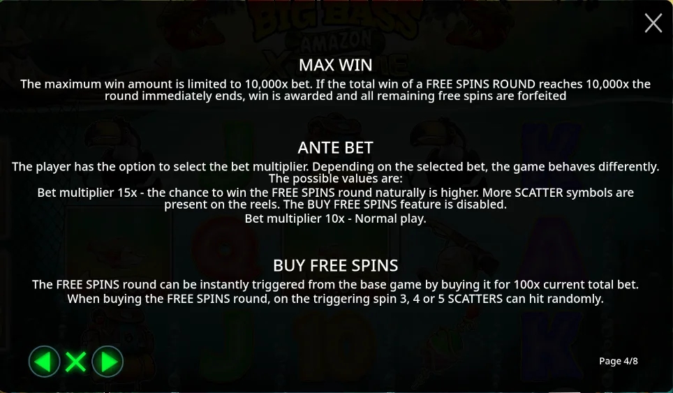 Big Bass Amazon Xtreme rules screen stating a maximum win of 10,000x bet