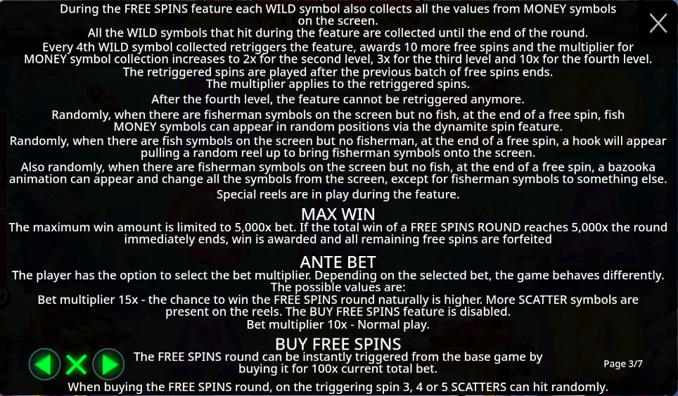 Big Bass Christmas Bash rules screen showing the max win, ante bet and buy free spins sections