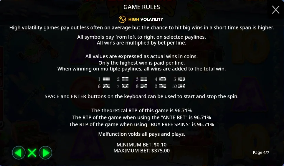 Big Bass Christmas Bash rules screen stating HIGH volatility and a theoretical RTP of 96.71%