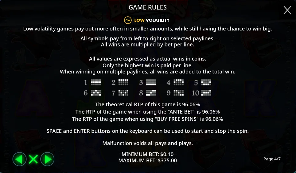 Big Bass Halloween rules screen stating LOW volatility and a theoretical RTP of 96.06%