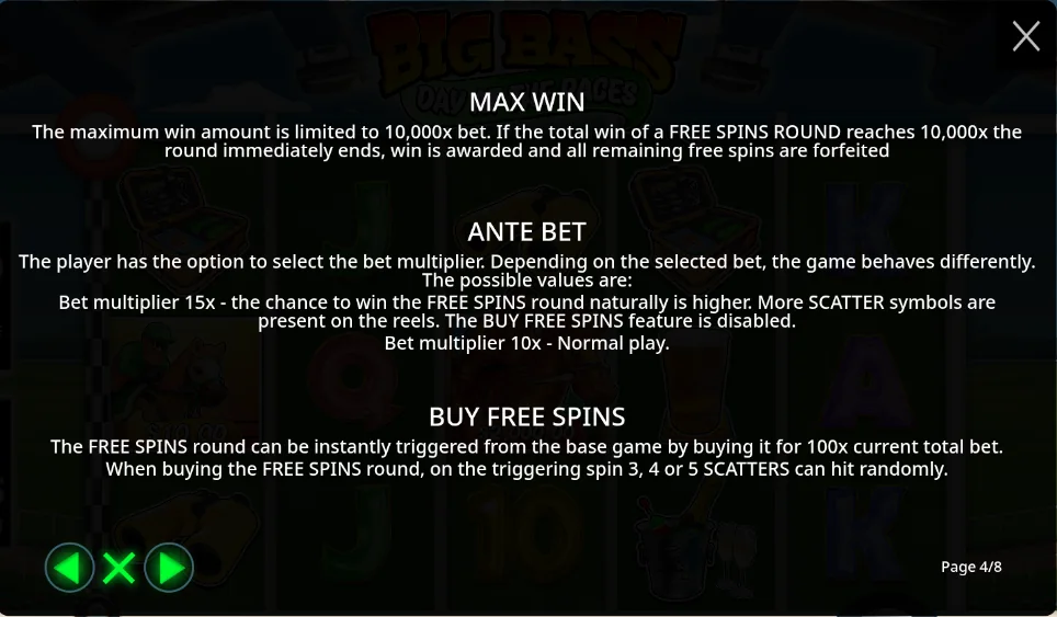 Big Bass Day at the Races rules screen stating a maximum win of 10,000x bet
