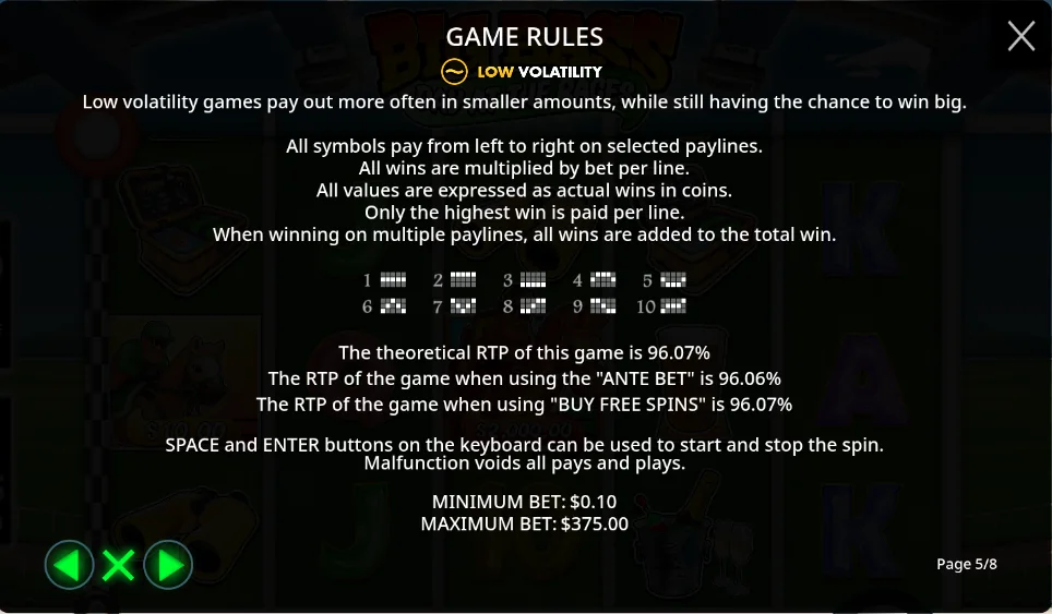 Big Bass Day at the Races rules screen stating LOW volatility, a theoretical RTP of 96.07% and an ante bet RTP of 96.06%