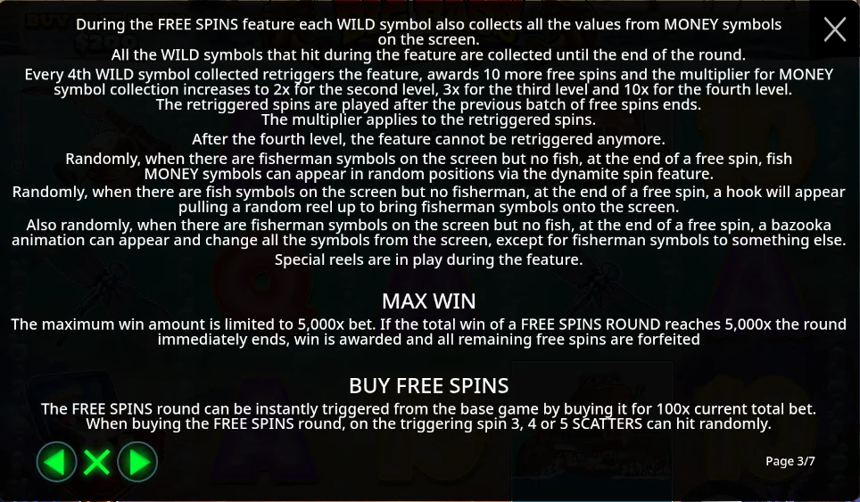 Big Bass Splash rules screen stating a 5,000x maximum win and the wild collection retrigger levels