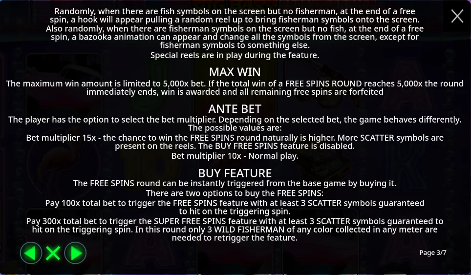 Big Bass Vegas Double Down Deluxe rules screen showing a 5,000x cap and two buy prices, 100x and 300x