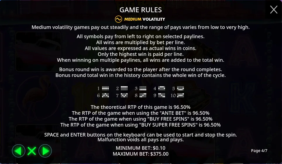 Big Bass Vegas Double Down Deluxe rules screen stating MEDIUM volatility and four return figures, all 96.50%
