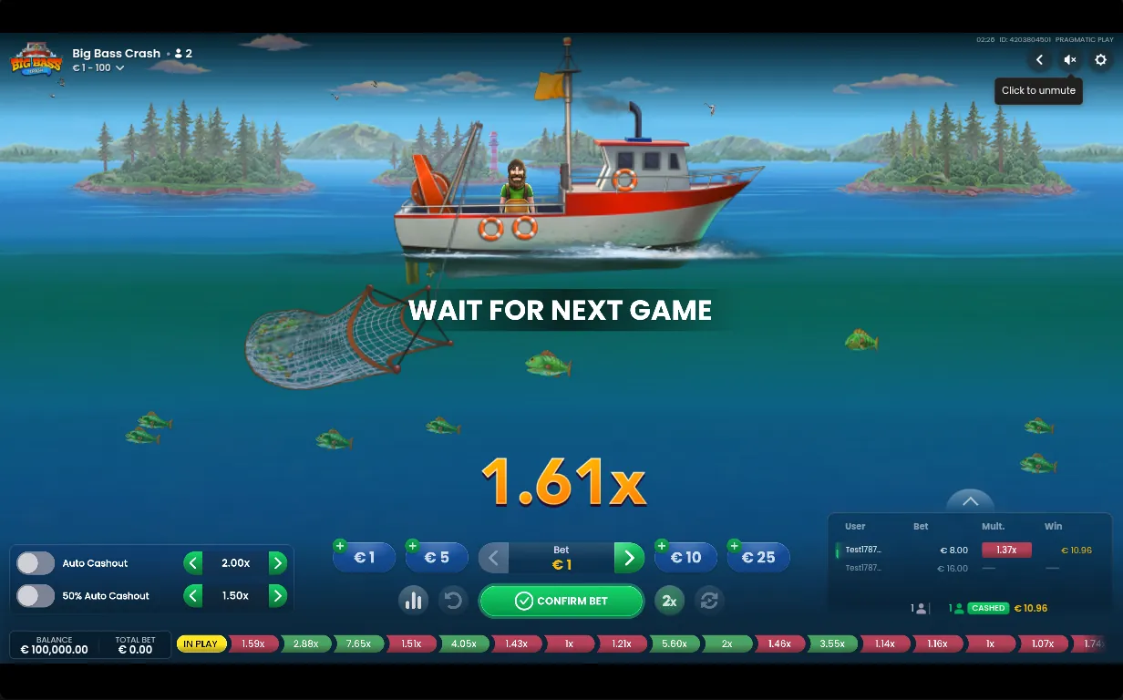 Big Bass Crash running, showing a rising 2.37x multiplier, auto cashout controls and the round history