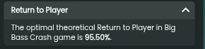 Big Bass Crash Game Help panel, Return to Player section expanded, stating 95.50%