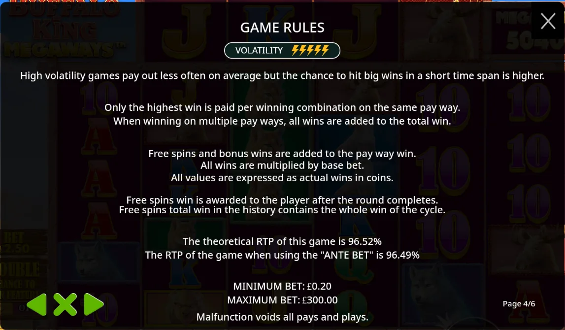 Buffalo King Megaways rules screen showing a theoretical RTP of 96.52% and an ante bet RTP of 96.49%