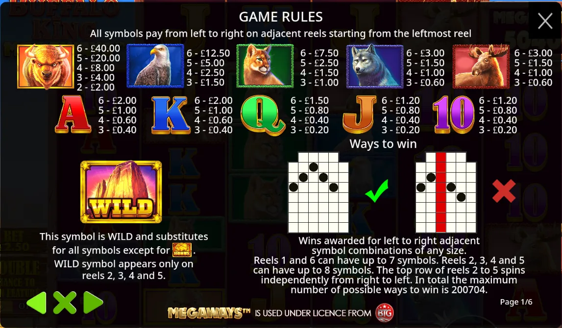 Buffalo King Megaways rules screen stating the maximum number of possible ways to win is 200704