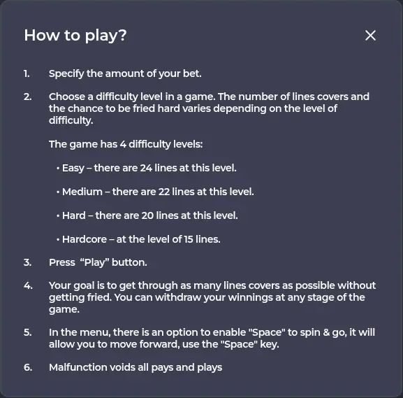 Chicken Road How to play panel listing four difficulty levels: Easy 24 lines, Medium 22 lines, Hard 20 lines, Hardcore 15 lines