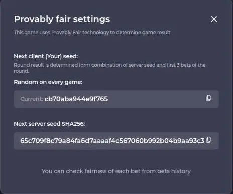 Chicken Road provably fair settings panel showing the next client seed and the SHA256 hash of the next server seed