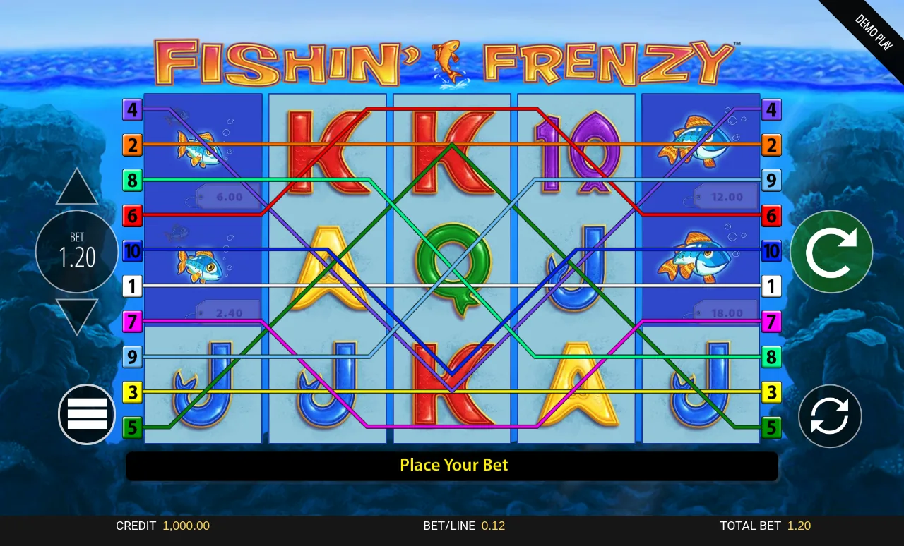 Fishin' Frenzy demo showing five reels, ten paylines and fish symbols carrying cash values
