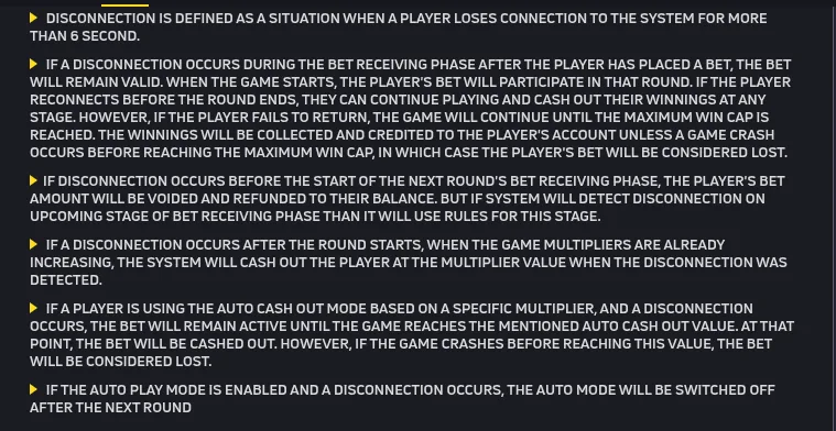 JetX rules section on disconnection, defining it as more than six seconds and listing five outcomes depending on when the disconnection happens