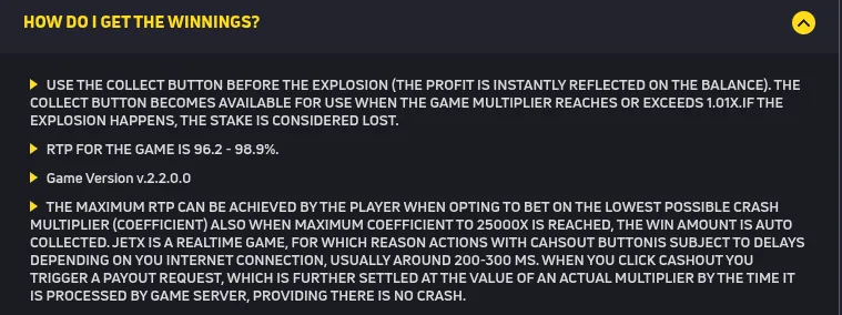 JetX rules panel section headed How do I get the winnings, stating RTP for the game is 96.2 to 98.9 per cent and that the maximum RTP is achieved by betting on the lowest possible crash multiplier