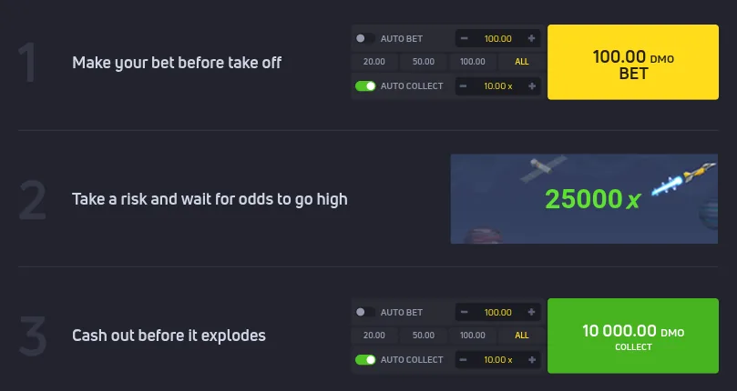 JetX How to play tab showing three steps, with a 100.00 stake, a 25000x multiplier illustration, and a 10 000.00 collect button