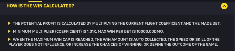 JetX rules section headed How is the win calculated, stating the minimum multiplier is 1.01x, the max win per bet is 10000.00 DMO, and that the speed or skill of the player does not influence the outcome