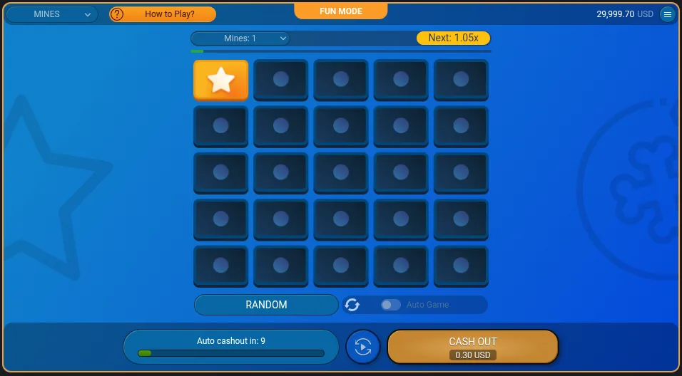 A Mines round with one mine, one revealed star, the header reading Next 1.05x, a countdown reading Auto cashout in 9, and a cash out button offering 0.30