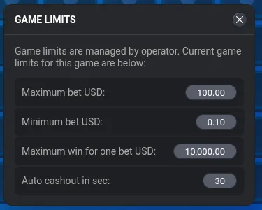 Mines Game Limits panel stating a maximum bet of 100.00, a minimum bet of 0.10, a maximum win for one bet of 10,000.00 in US dollars and an auto cashout of 30 seconds
