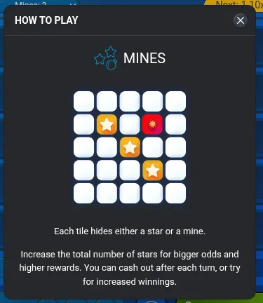 The Mines How to Play panel, showing a grid with stars and a mine above two sentences of explanation and no return to player figure