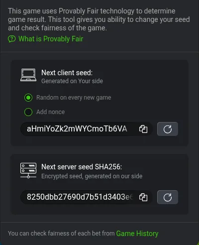 The Mines Provably Fair Settings panel showing the next client seed generated on the player side and the SHA256 hash of the next server seed