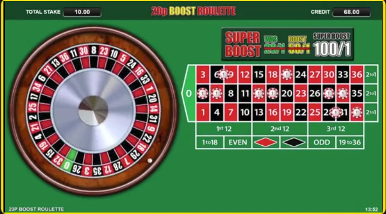 20p Boost Roulette showing a single zero wheel, the betting layout with boosted numbers marked, and a Super Boost of 100 to 1