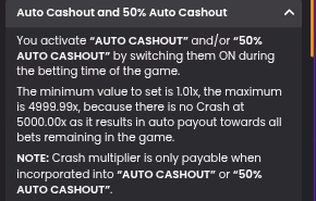 Spaceman help panel Auto Cashout section, stating a 1.01x to 4999.99x range and that there is no crash at 5000.00x