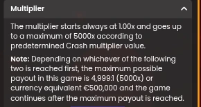 Spaceman help panel Multiplier section, stating a 5000x maximum and a 4,999:1 or 500,000 currency cap