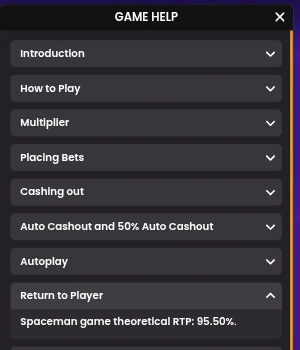 Spaceman Game Help panel with the Return to Player section expanded, stating a theoretical RTP of 95.50%