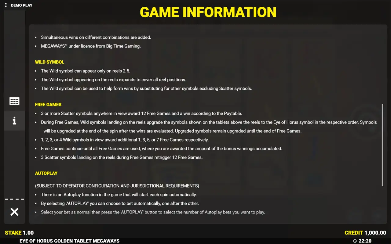 Eye of Horus The Golden Tablet Megaways rules: wild upgrades during free games