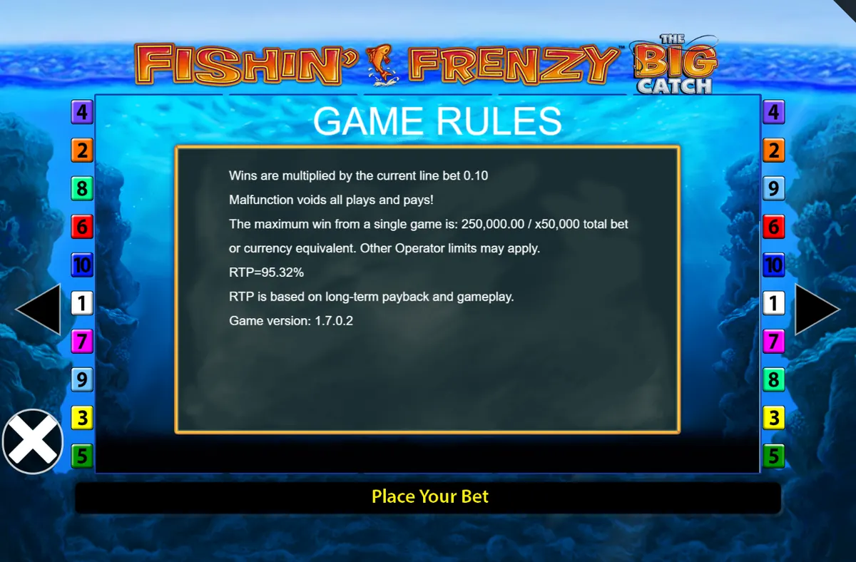 Fishin' Frenzy The Big Catch paytable page stating a 250,000 maximum win, x50,000, and a 95.32% return