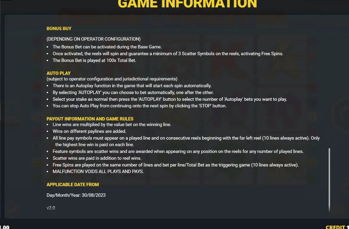 Fishin' Frenzy The Big Splash information panel page four stating a 100x bonus buy, applicable 30 August 2023, version 2.0
