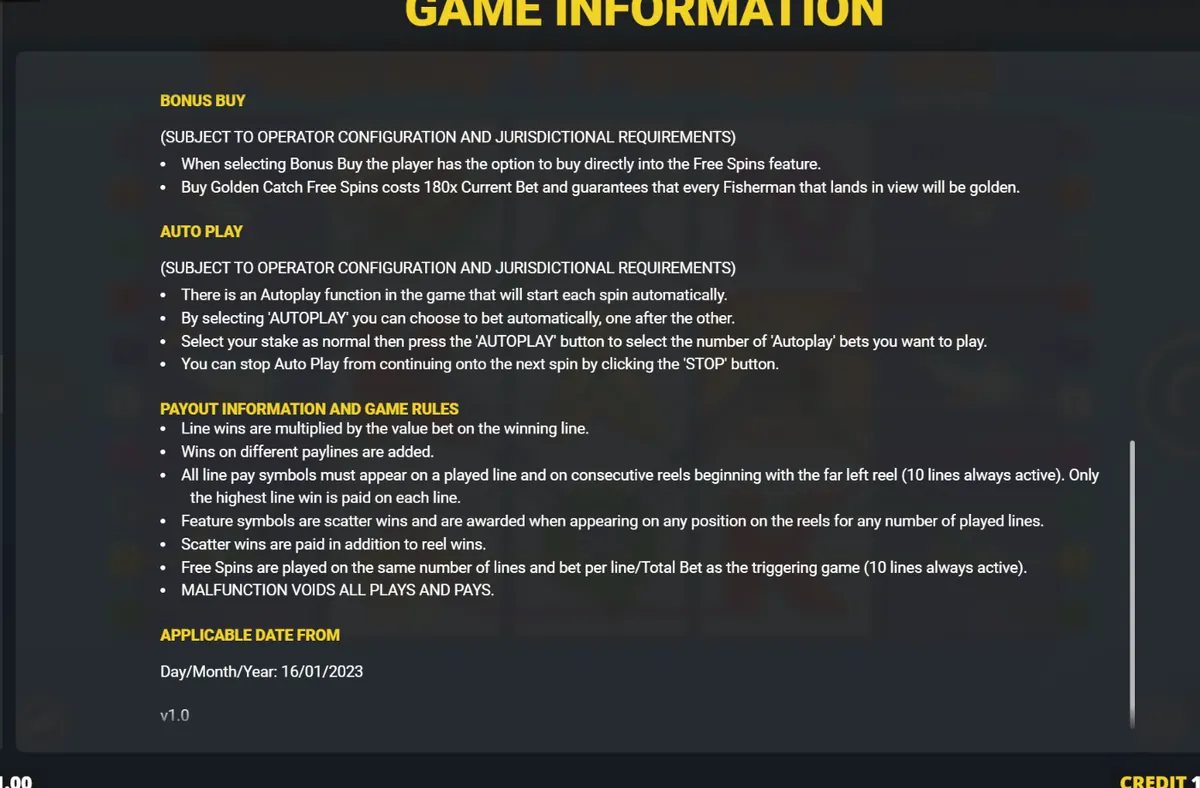 Fishin' Frenzy Even Bigger Catch game information page four stating a 180x bonus buy for Golden Catch, applicable 16 January 2023, version 1.0
