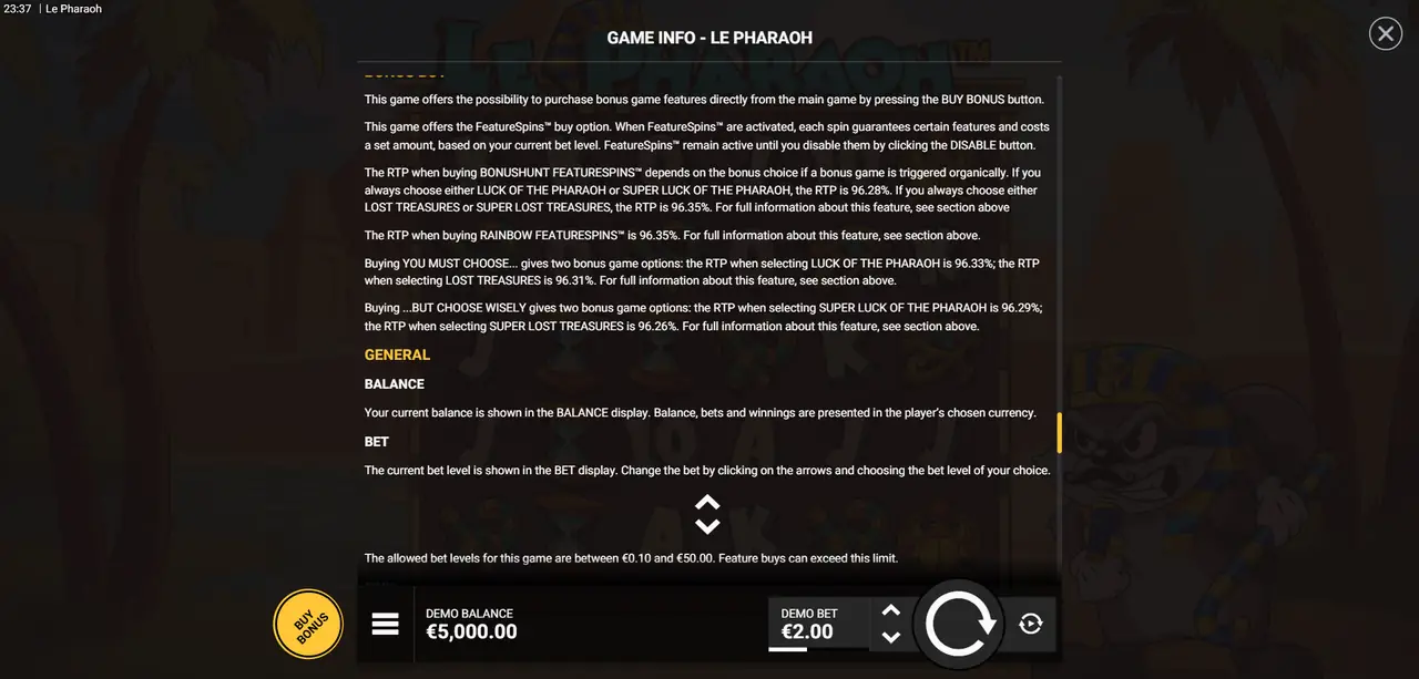 Le Pharaoh FeatureSpins RTP disclosure in the game rules
