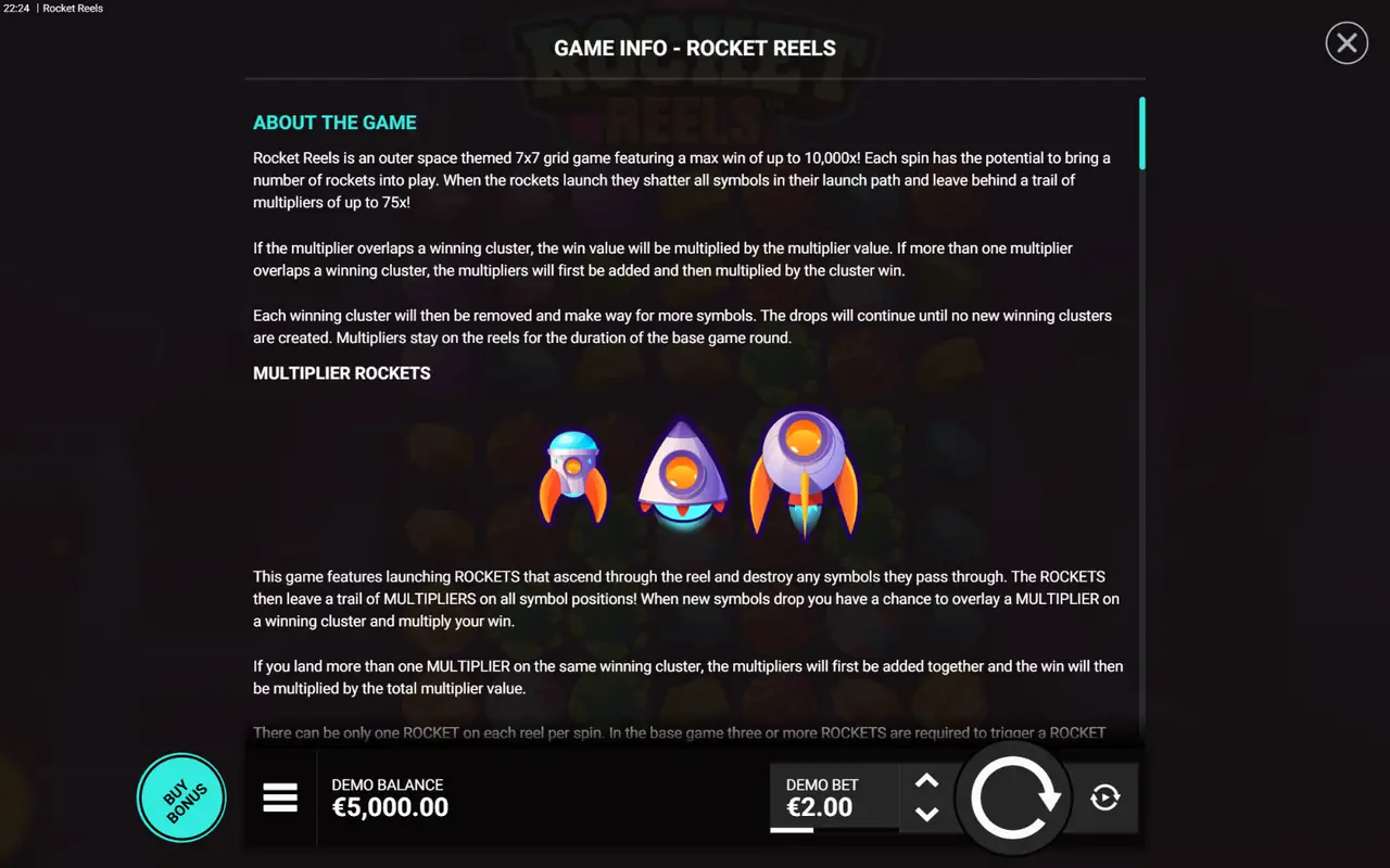 Rocket Reels rules overview showing the 7 by 7 grid, rockets and multiplier trails