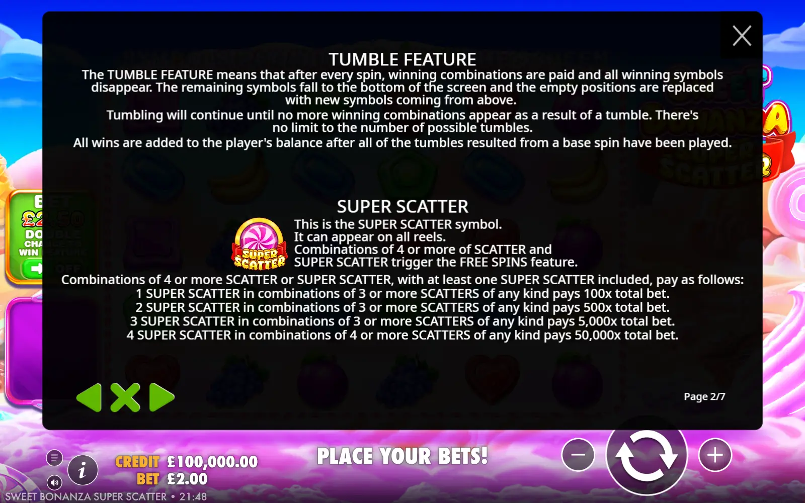 Sweet Bonanza Super Scatter rules, page 2 of 7, Super Scatter pay ladder up to 50,000x